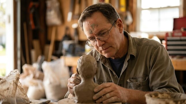 Small Business Owner Sculpting Clay in Rustic Garage Studio with Soft Light, focused artist, sculpting portrait, creative immersion, authentic workshop