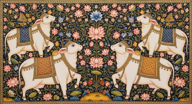 Traditional Indian Miniature Painting of Four Sacred Cows Amidst Floral Motifs.