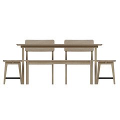 Fototapeta premium Front view of white oak rectangular dining set with chairs, stools, and bench highlighting bright finish and clean lines.