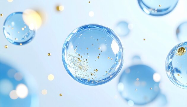 肌へ浸透する美容液のうるおい成分をイメージした透明ブルーバブルとゴールド粒子の高級スキンケア背景 ジェネレーティブAI
