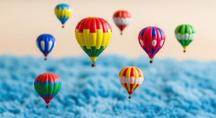 Fototapeta premium Colorful miniature hot air balloons float above a textured blue surface.