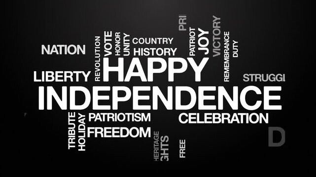 happy independence day concept Animated Tag Word Cloud kinetic typography, Text Design Animation typography seamless loop video motion graphics Intro Wordart tagcloud white type on black background bg