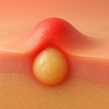 Painful pimple and acne spot on skin showing inflammation and swelling. This medical illustration shows pus filled infection, common dermatology problem