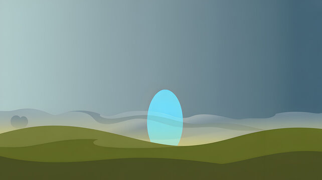 Glowing blue orb in serene green landscape with soft gradient sky for fantasy