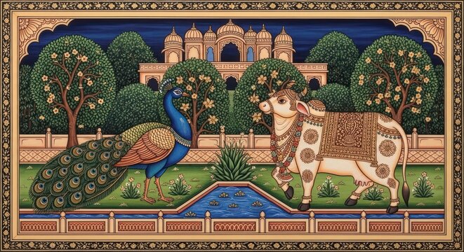 Traditional Indian Miniature Painting of Peacock and Cow in Garden Palace.