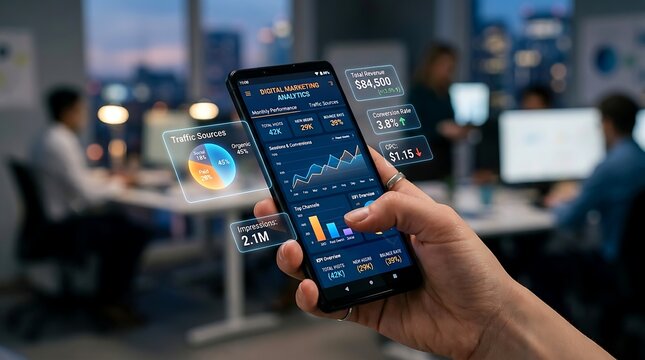Closeup of a hand holding a smartphone displaying digital marketing analytics dashboard with holographic data visualizations in a modern office imagine studio