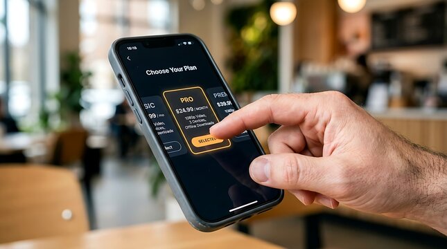 Closeup of a persons hand selecting a pro subscription plan on a smartphone screen in a cafe imagine studio