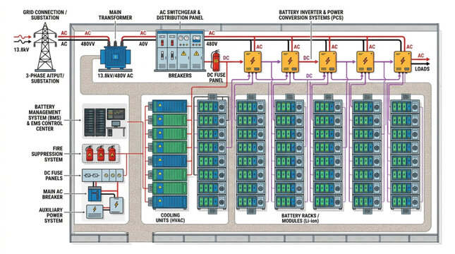 Industrial electrical power distribution schematic diagram illustration.