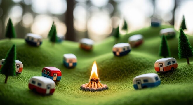 Miniature camp site features small recreational trailers and a tiny bonfire on rolling green hills.