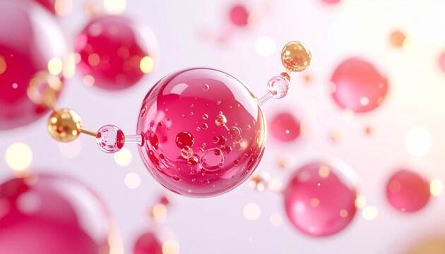レチノールとポリフェノール成分を閉じ込めた赤い透明カプセルが漂う、未来的な美容液ビジュアル ジェネレーティブAI