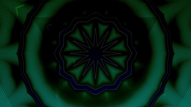 Dark geometric kaleidoscope animation with glowing blue patterns and hypnotic symmetry, ideal for futuristic and abstract visual backgrounds.