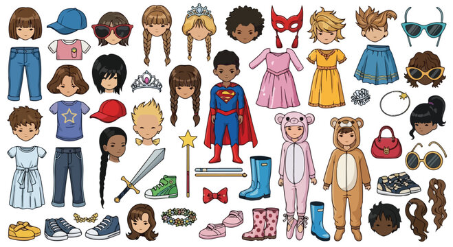 Paper doll creator kit with diverse children characters, cartoon avatar builder set with clothes and accessories, kids fashion vector collection