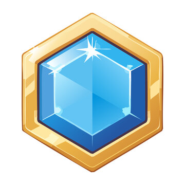 Flat style golden hexagonal medal holding blue sapphire crystal center for ranking system progression reward casual gaming asset