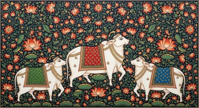 Traditional Indian Miniature Painting of Sacred Cows Adorned with Elaborate Textiles Amidst Floral Motifs.