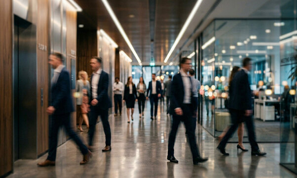 A busy office hallway filled with professionals in formal attire. People walk towards the elevators while others engage in conversations in a modern workspace.