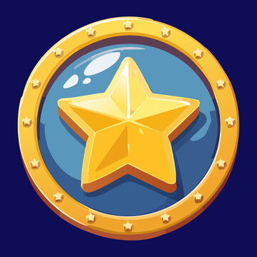 Dark blue circular emblem template holding golden star stamp for classic premium subscription membership badge online gaming profile