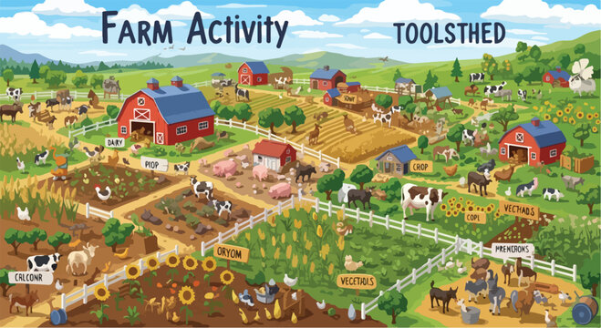 Farm Activity and Toolsthed illustration, colorful countryside landscape with red barns and livestock, rural agriculture scene with animals and crops