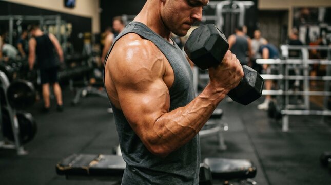 Muscular Man Lifting Dumbbell in Gym, Biceps Workout, Fitness Training