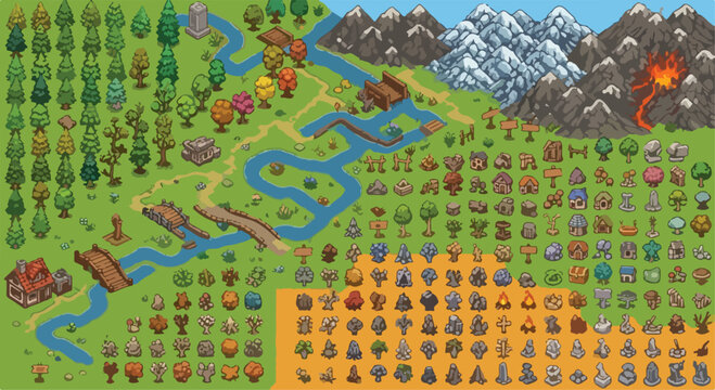Pixel art game assets collection, isometric world map elements with trees and mountains, retro video game environment kit, nature landscape vector set