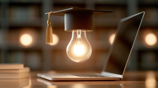 Concept of bright idea with glowing light bulb wearing graduation cap emerging from laptop keyboard symbolizing education and innovation creativity