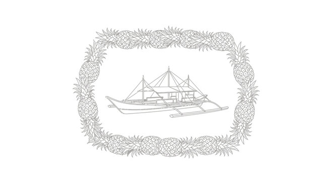Vintage Filipino Banca Boat in Pineapple Border Illustration