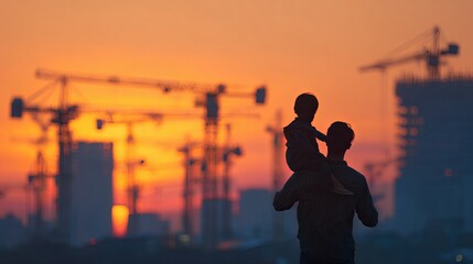 Fototapeta premium Asian boy riding on father's shoulders at sunset with city skyline and construction cranes