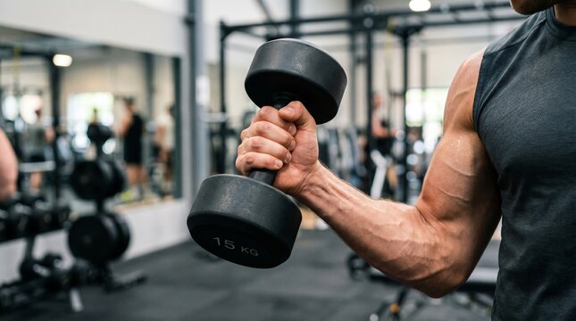 Muscular man lifting dumbbell in gym, close-up on arm and hand, fitness workout