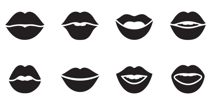 Assorted black lip silhouettes featuring various open mouth shapes. Vector set for beauty industry fashion graphics and cosmetic packaging designs.
