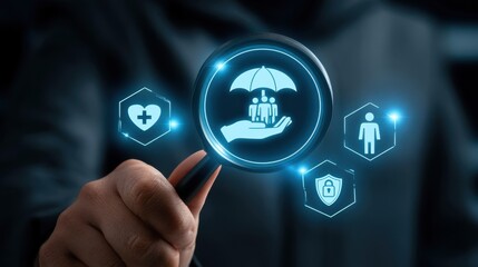 Fototapeta premium Hand holding magnifying glass focusing on family protection icon surrounded by health shield, person, and security symbols on dark blurred background