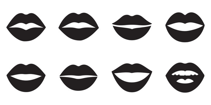 Set of black lips icons, collection of mouth symbols on white background, different lip shapes and expressions, vector illustration.