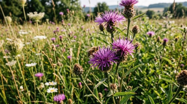A bee foraging on a purple thistle flower in a lush, green meadow with a blurred background of trees and hills.