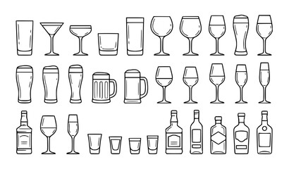Bar drinkware outline icon set with cocktail glasses beer mugs and bottle illustrations vector © MD