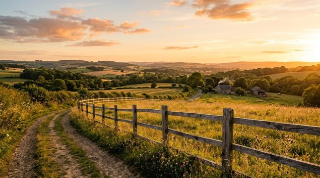 A serene rural landscape with a dirt road winding through a field, a wooden fence, and a barn in the distance under a golden sunset sky.