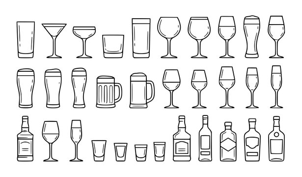 Bar drinkware outline icon set with cocktail glasses beer mugs and bottle illustrations vector