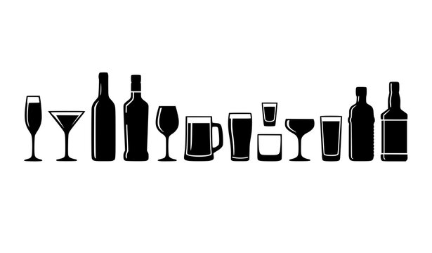 Alcohol cocktail glass silhouette set with wine beer shot glasses and bar bottle vector illustration