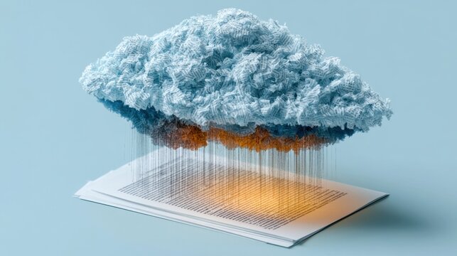 Conceptual digital cloud hovering above open paper book with data stream representing cloud computing storage and information transfer technology abstract idea