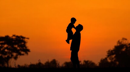 Fototapeta premium Father carrying son on back at sunset in park family silhouette