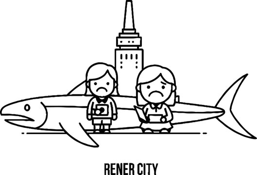 Rener City Landmark with Giant Fish and Sad People