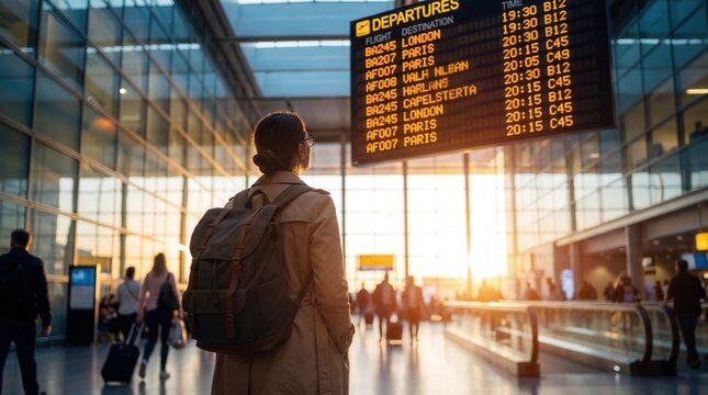 Young female traveler looking at flight departure board in airport terminal at sunset. International travel, vacation planning and business trip concept.