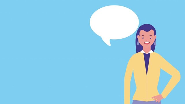Animated woman in yellow jacket talking with speech bubble on blue background, business concept.