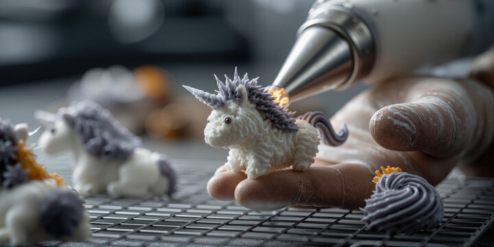 Precision decorating small unicorn figures. Applying textured icing to miniature unicorn model