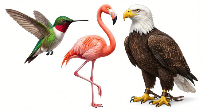 Diverse bird collection featuring a flying hummingbird pink flamingo and bald eagle isolated on a white background