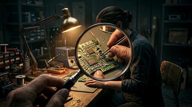 Electronic Circuit Board Repair & Assembly: Technician Working with Microchips