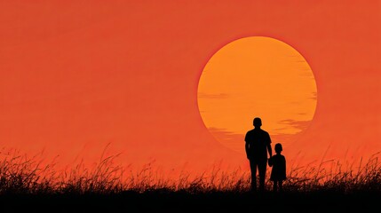 Fototapeta premium Loving father and child silhouette on sunset background banner