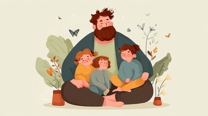 Naklejka premium Father's day greeting card with father sitting together with children poster design