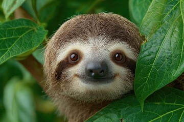 Fototapeta premium Adorable tree sloth nestled among lush green leaves