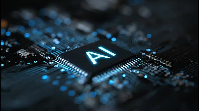 A close-up view showcases a circuit board with 'AI' prominently displayed on a central chip.