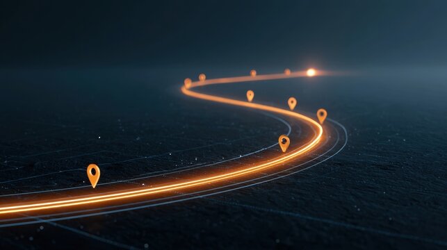 Abstract digital glowing path with location pin markers indicating navigation route and tracking on dark futuristic background for technology concept