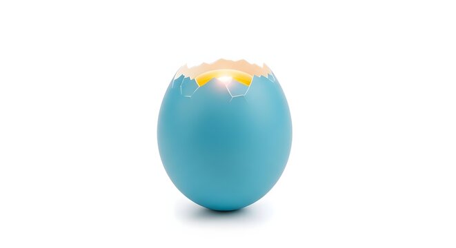 Glowing blue egg shell with light shining from inside, cracked eggshell on white background, concept of birth and new ideas