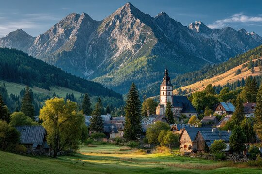 Charming Mountain Village with Historic Church and Lush Landscape